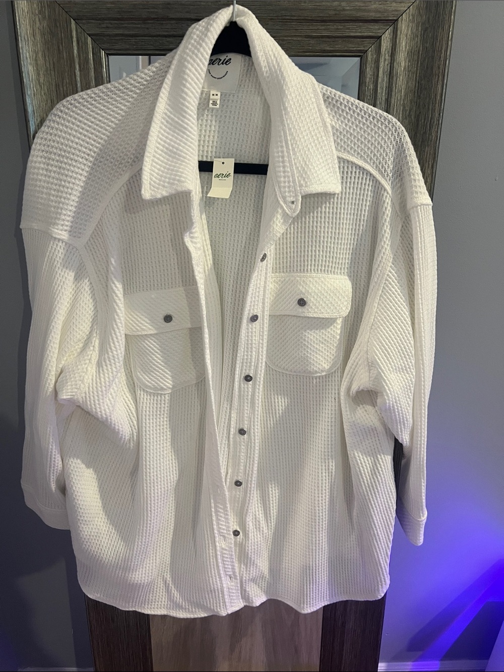 Aerie Womens White Waffle-Knit Overshirt Jacket